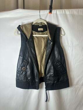 June Black Hooded Leather Vest with Silk Lining Size M